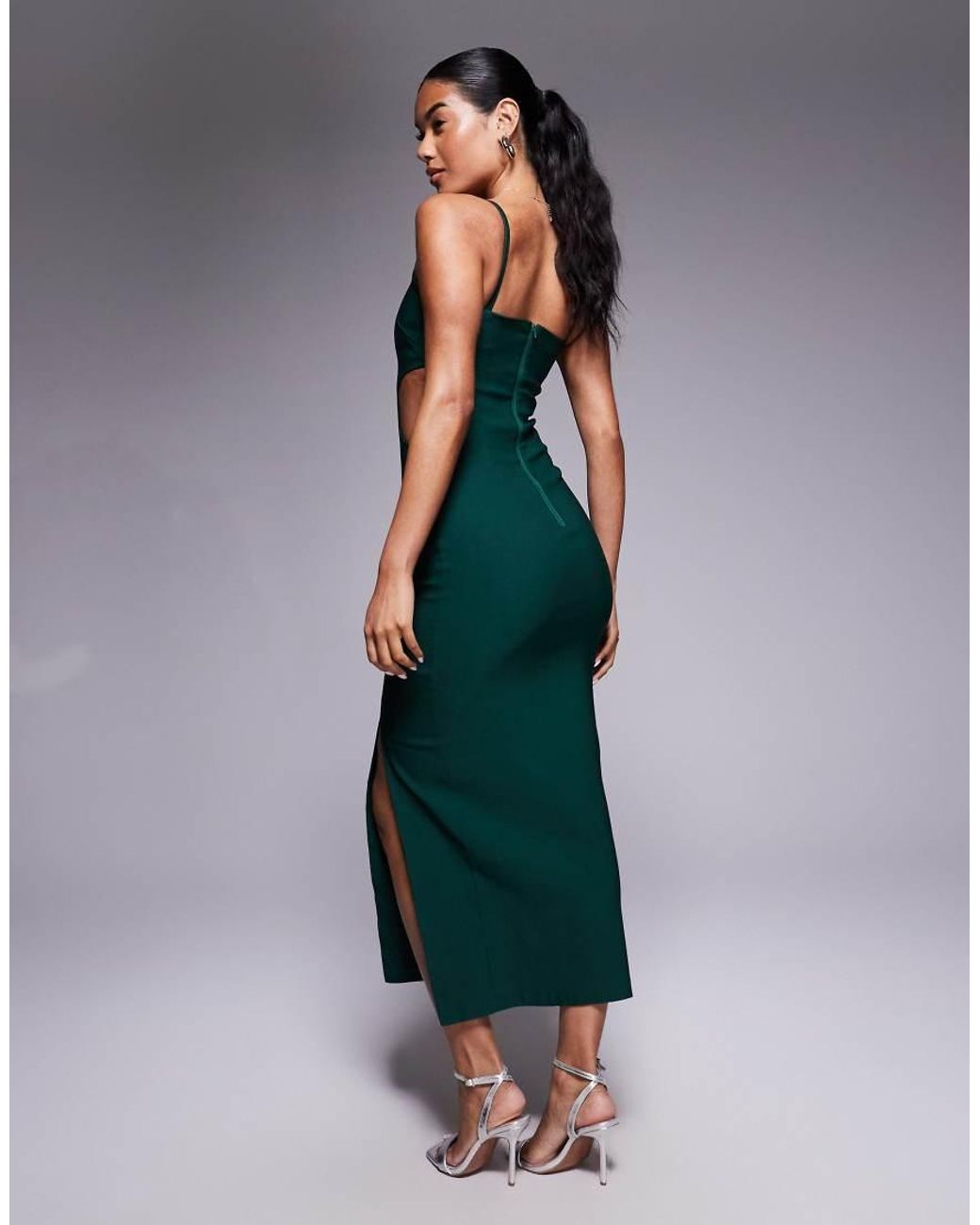 Vesper Green Square Neck Bodycon Midaxi Dress With Cut-Out