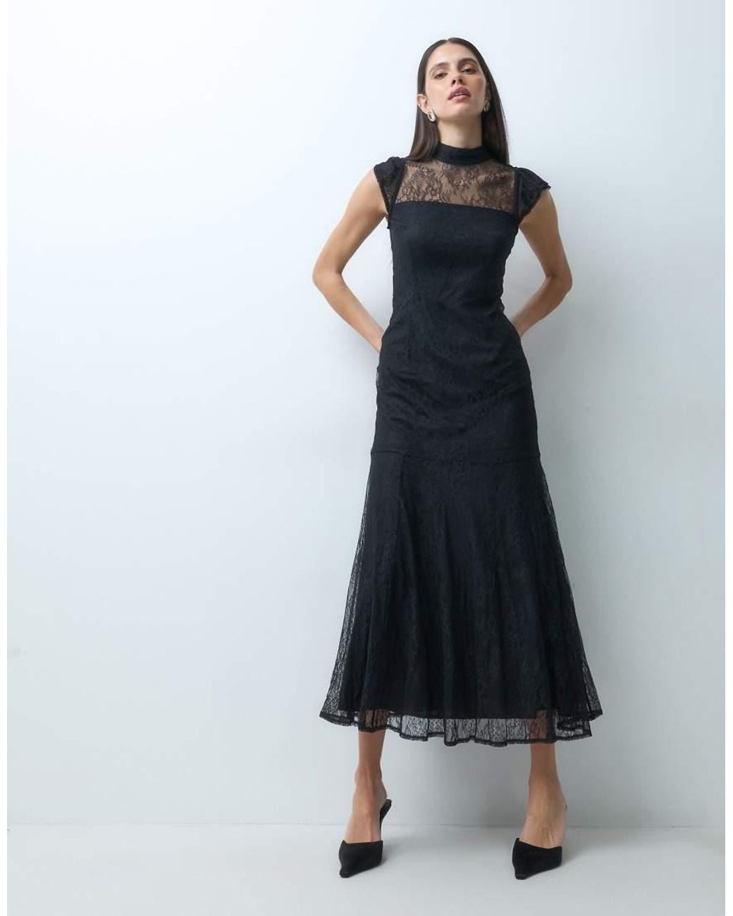Nobody's Child Blue Katell Lace Overlay High Neck Cap Sleeve Midi Dress