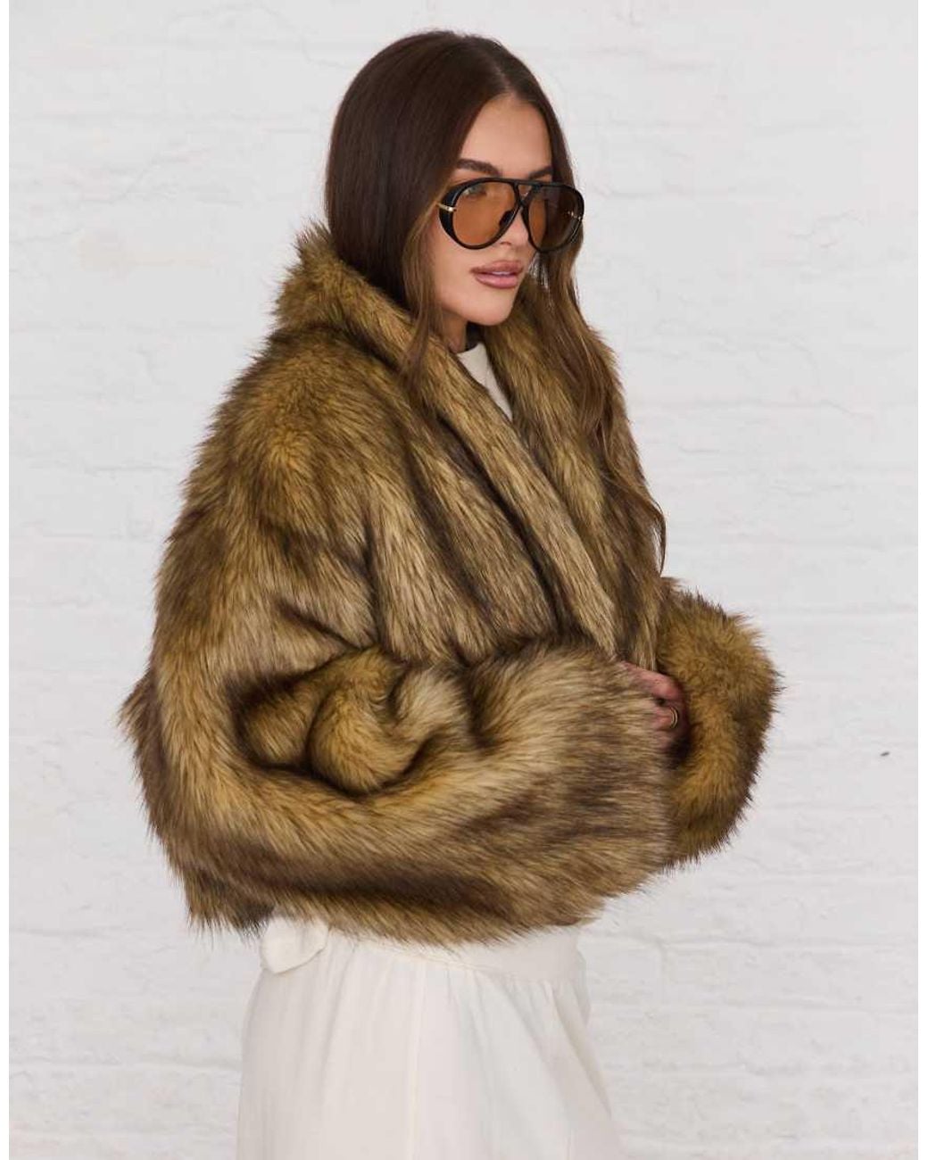 Aria Cove Brown Oversized Cropped Wide Sleeve Faux Fur Jacket