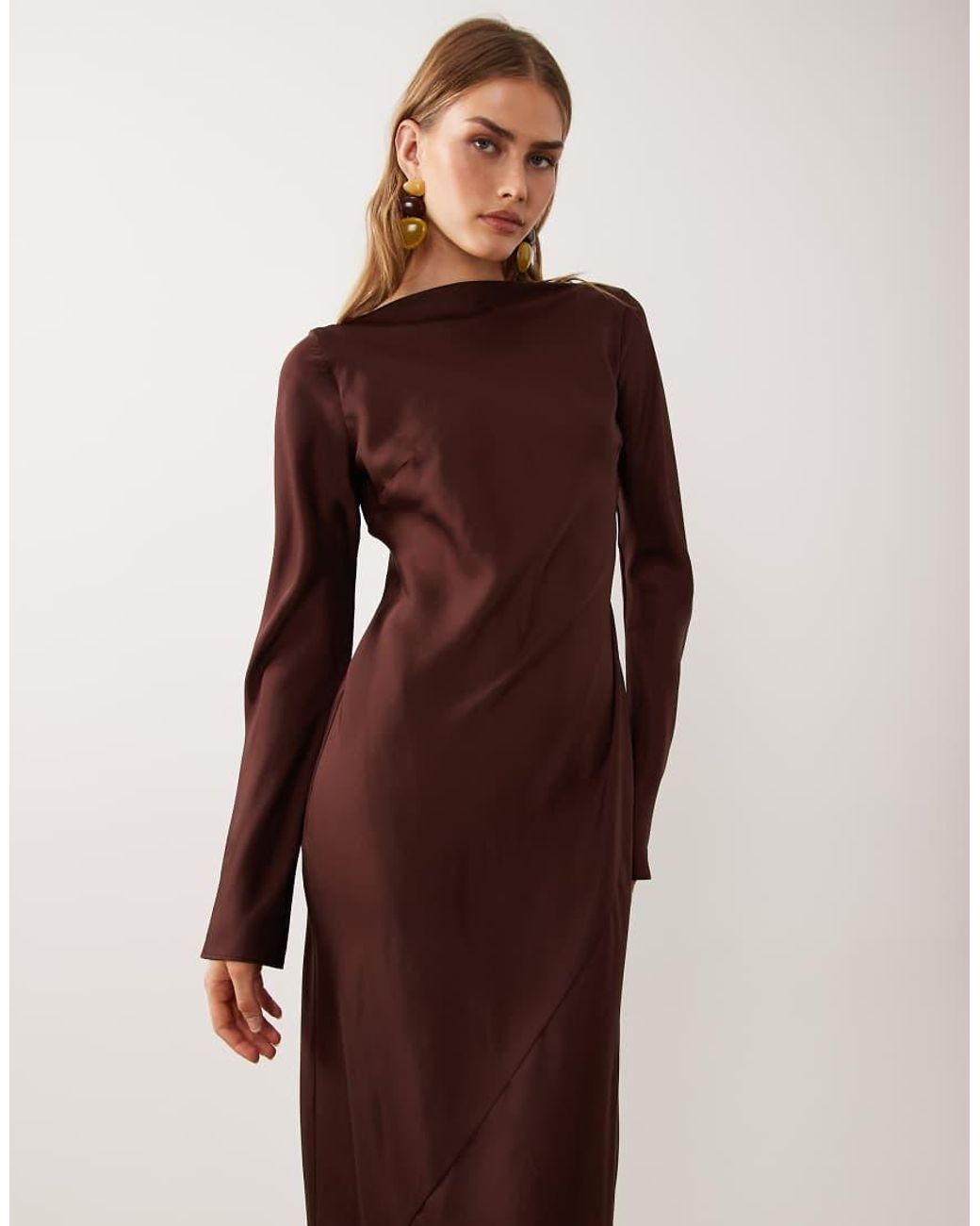 ASOS Brown Satin Long Sleeve Maxi Dress