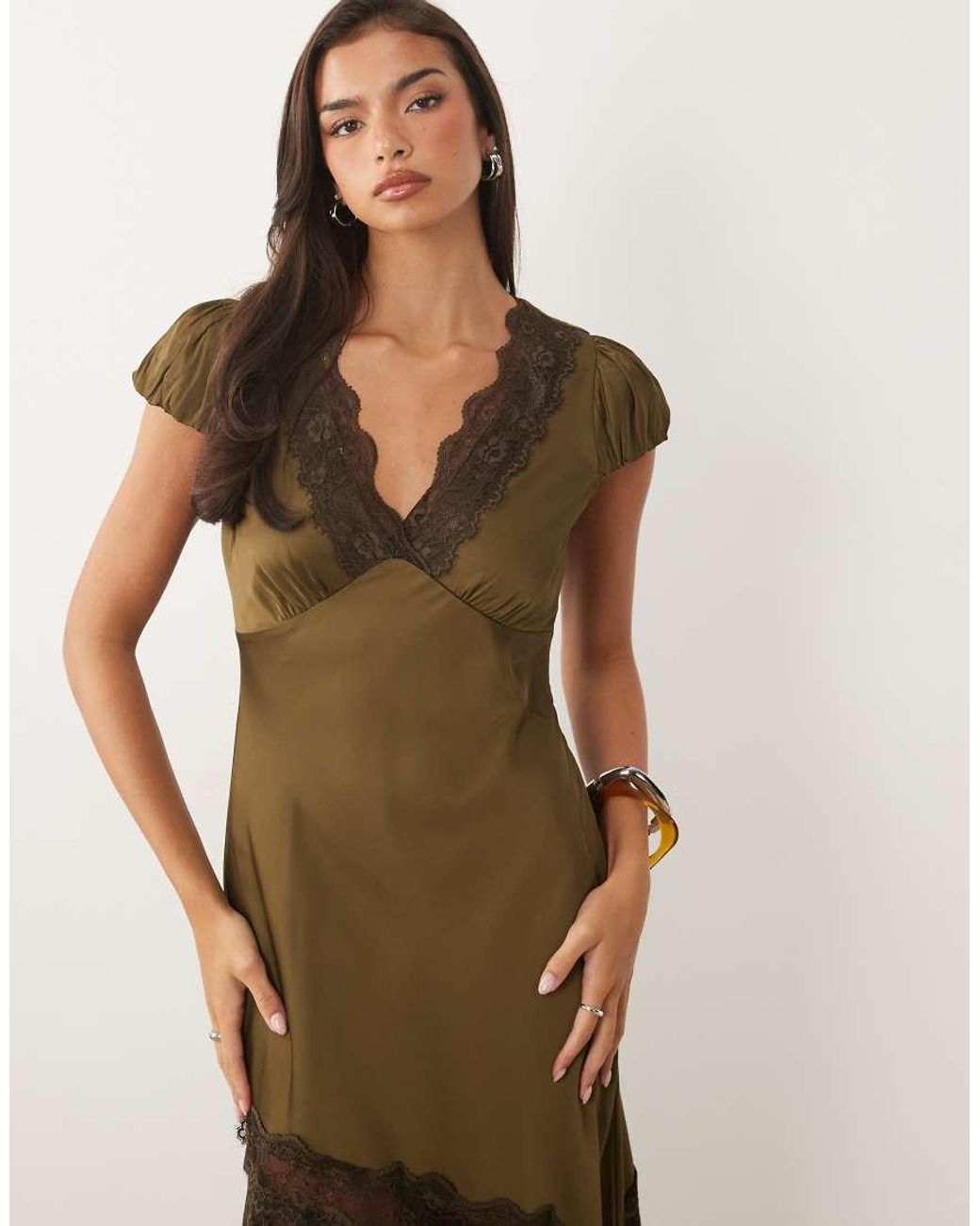Nobody's Child Natural Gloria Satin And Lace Mix V Neck Split Front Maxi Dress