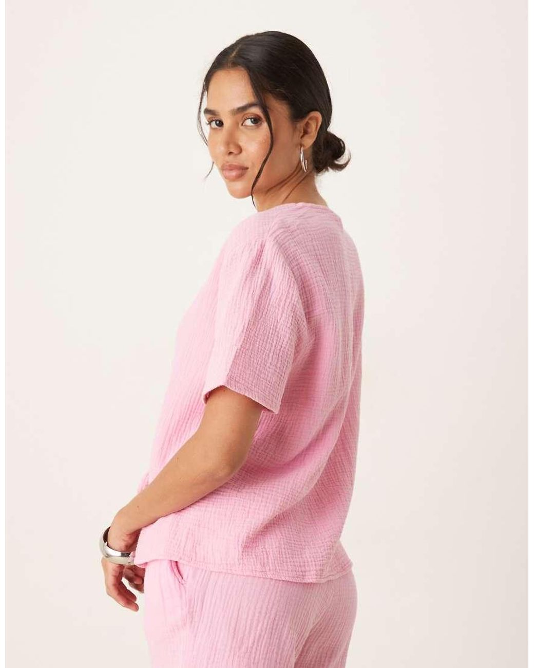 Jdy Pink Short Sleeve Tie Front Cheesecloth Shirt Co-ord