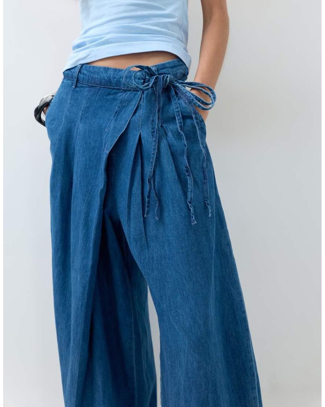 ASOS Blue Soft Wide Leg Denim Trouser With Wrap Waist