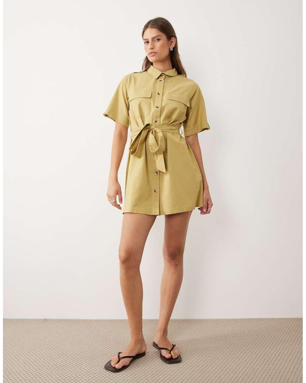 Wednesday's Girl Natural Button Through Mini Shirt Dress
