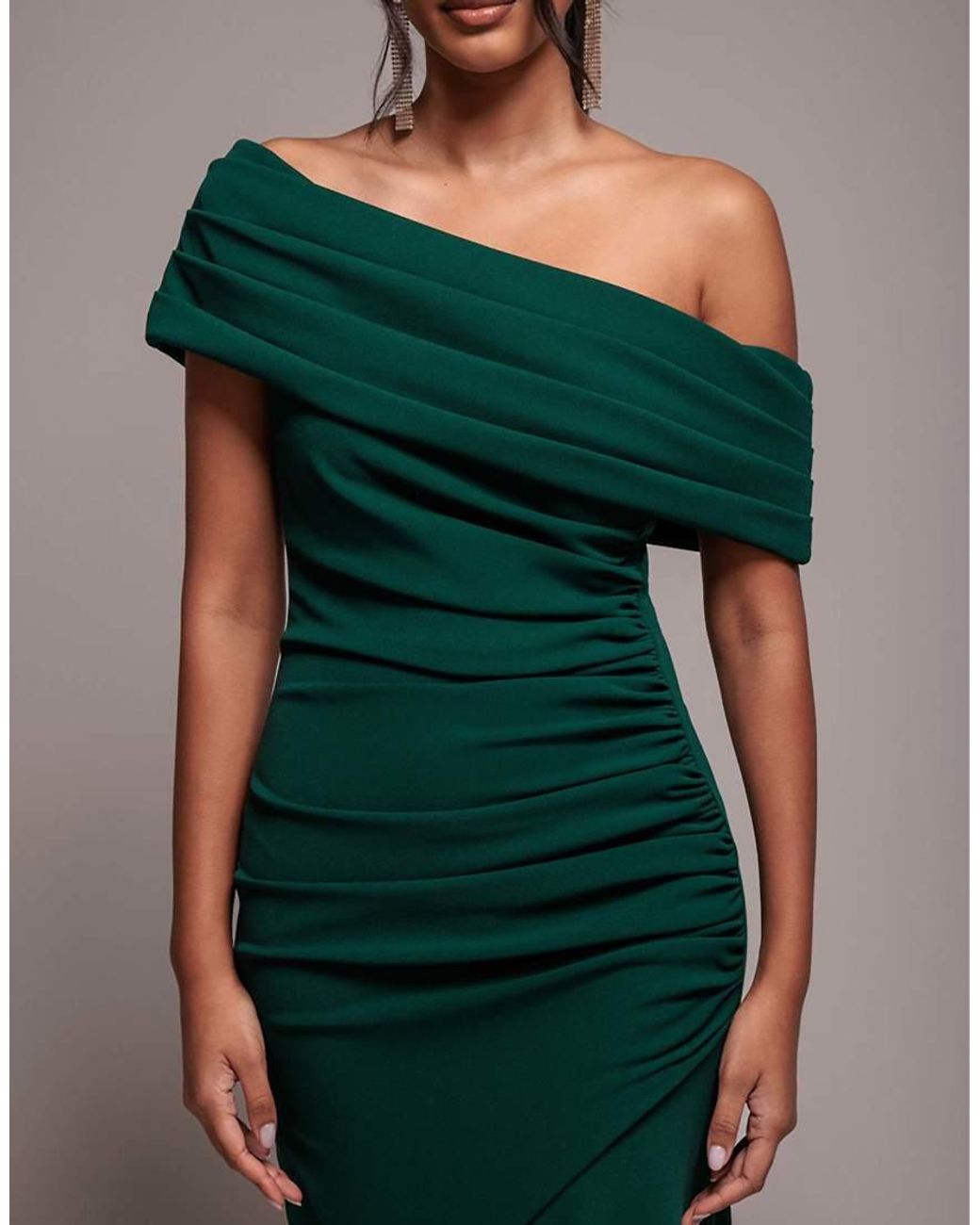 Goddiva Green Pleated One Shoulder Bardot Fit And Flare Maxi Dress