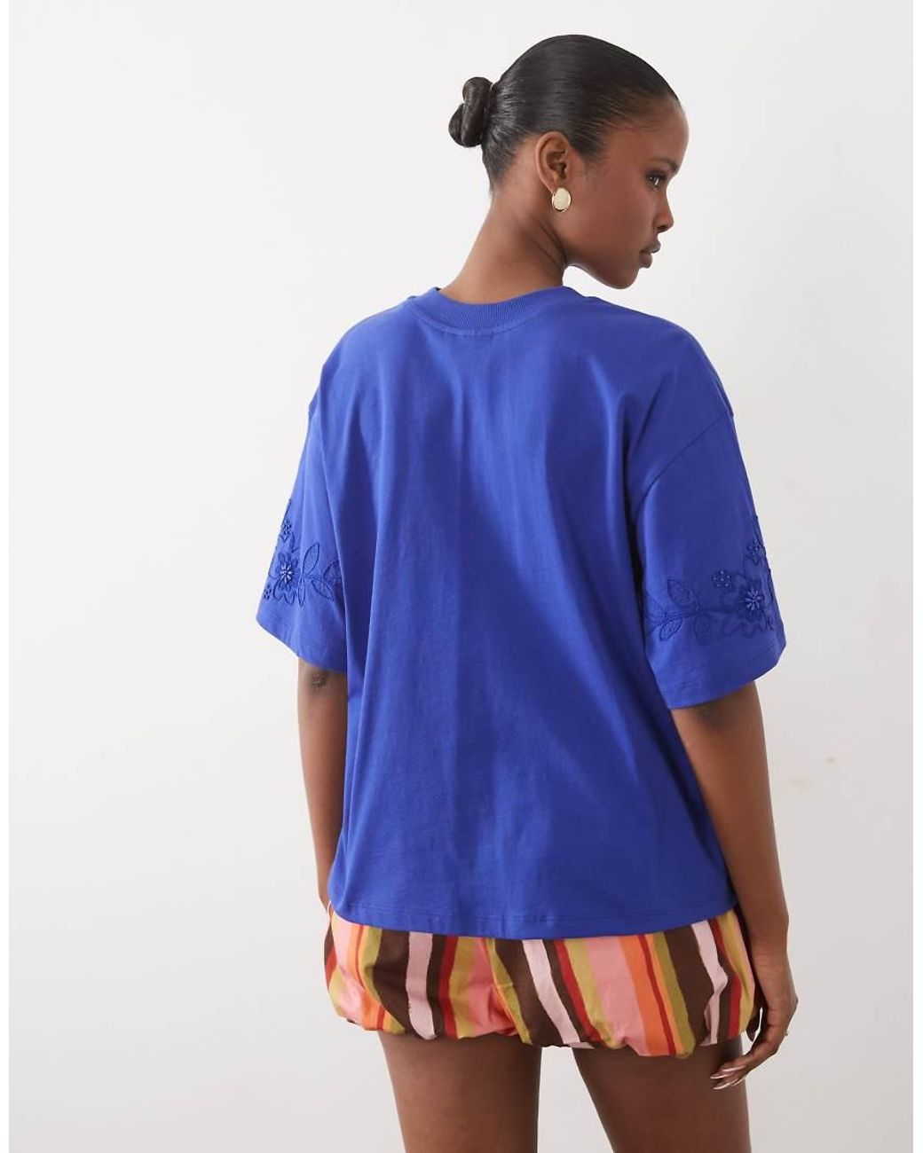 ASOS Blue Boxy Tee With Embroidered Flowers