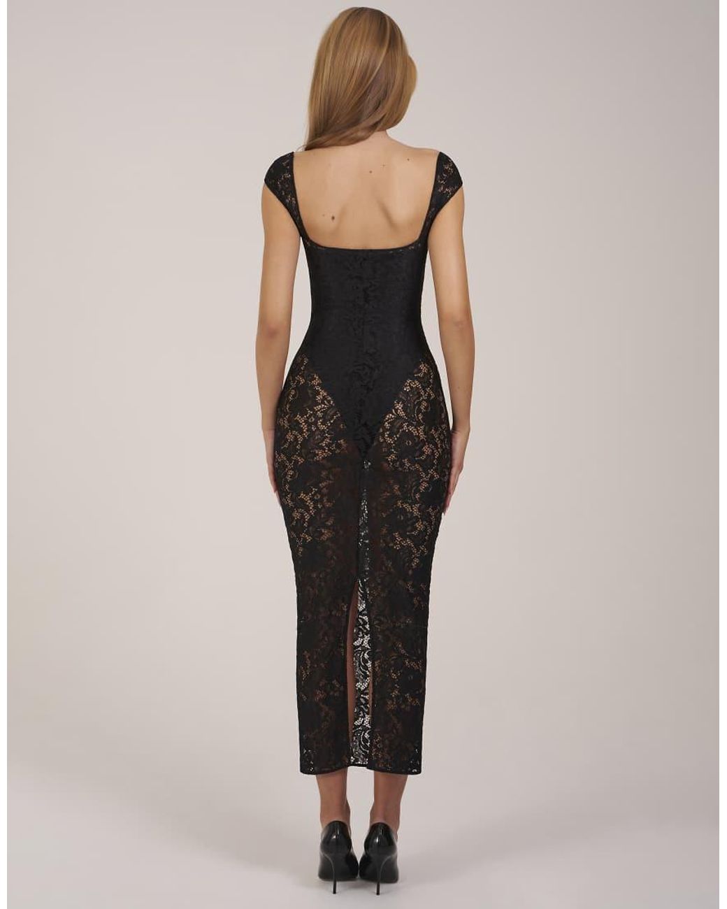 Oh Polly Natural Lace Sweetheart Neck Cap Sleeve Mesh Maxi Dress