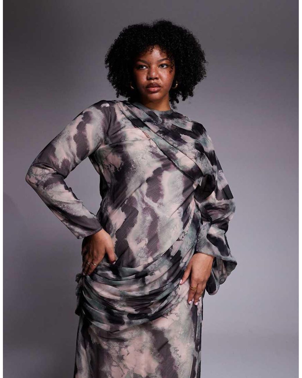 ASOS Gray Asos Design Curve Drape Front Blouson Sleeve Maxi Dress
