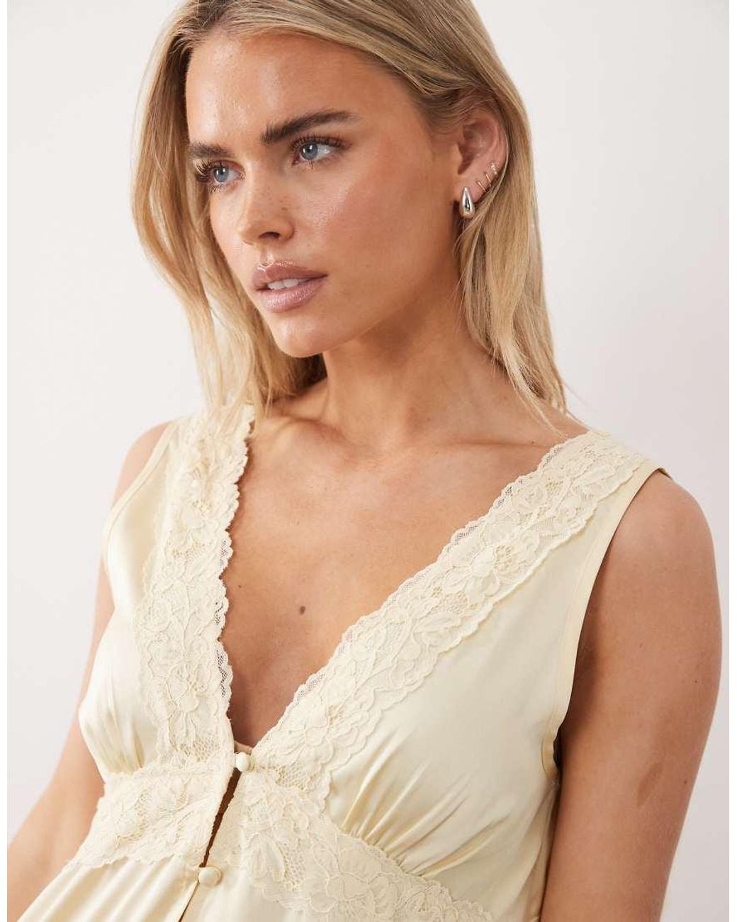 Miss Selfridge Natural Miss Selfridge Boho Petite Satin Lace Insert Hanky Hem Mini Dress