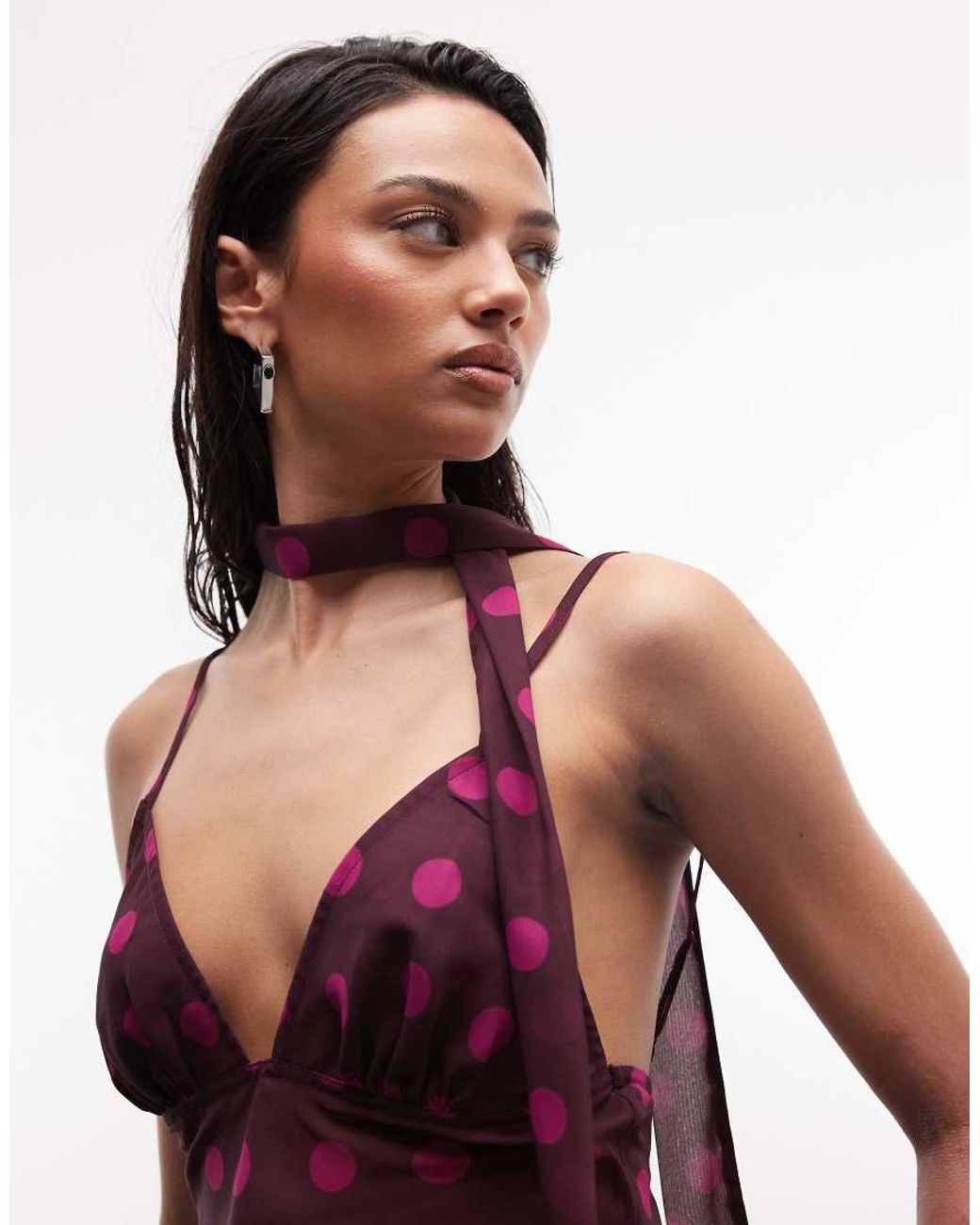 Collusion Red Chiffon Polka Dot Cami Top With Scarf