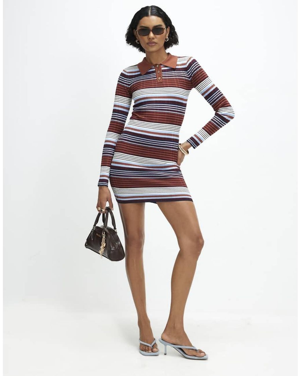 River Island Blue Stripe Knitted Polo Mini Dress