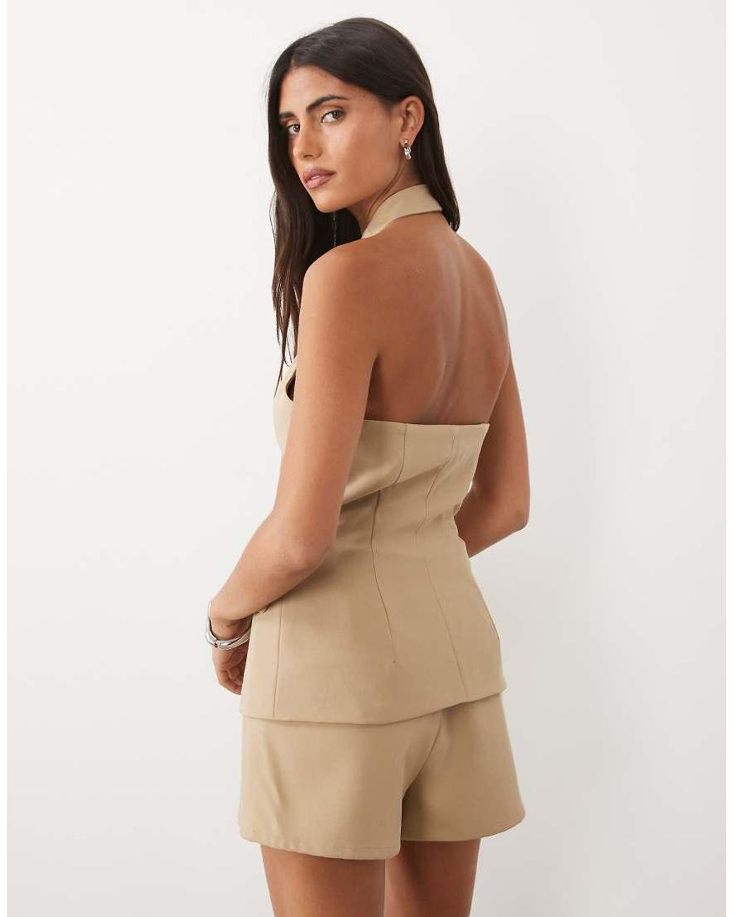 Kaiia Brown Exclusive Tailored Halterneck Crossover Button Detail Top Co-ord