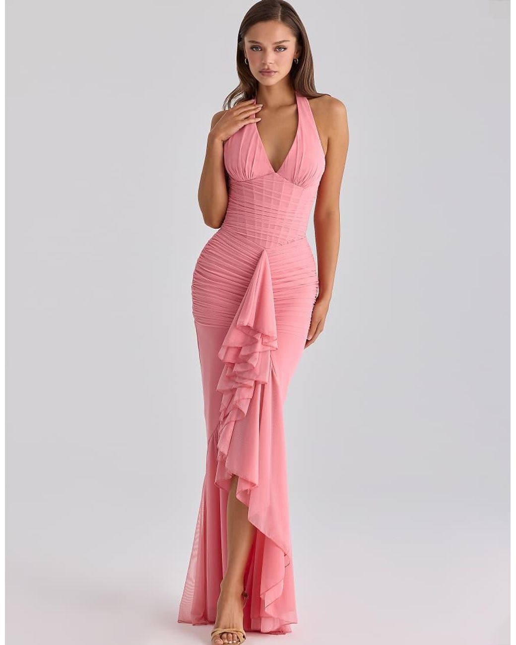 house of cb pink halter dress Carmine Raspberry Mesh Neck Waterfall Maxi in Red Chris IP
