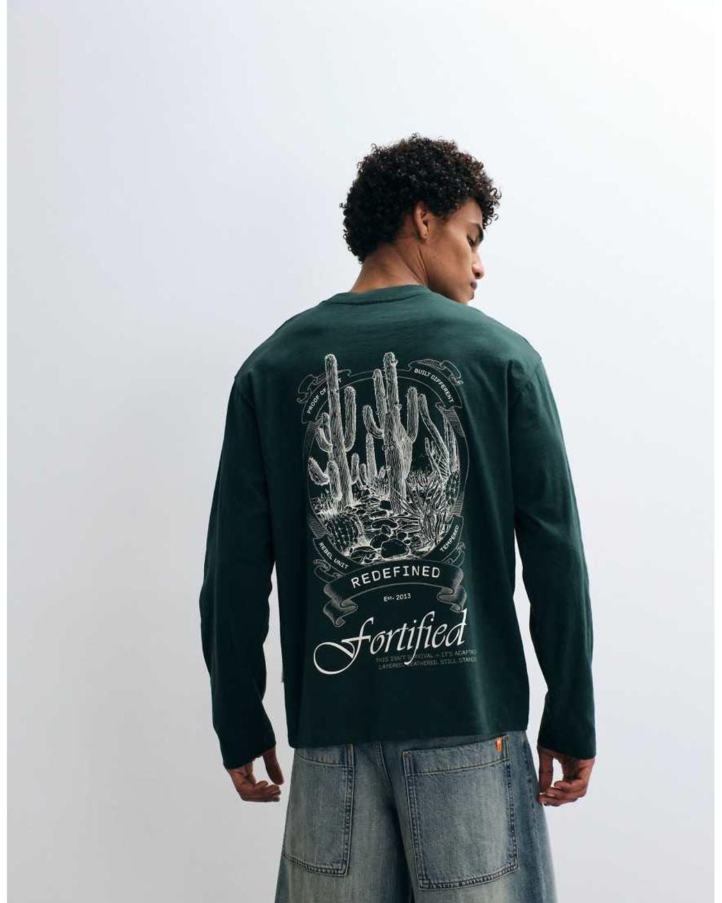 Redefined Rebel Green Oversized Long Sleeve T-Shirt With Botanical Back Print for men