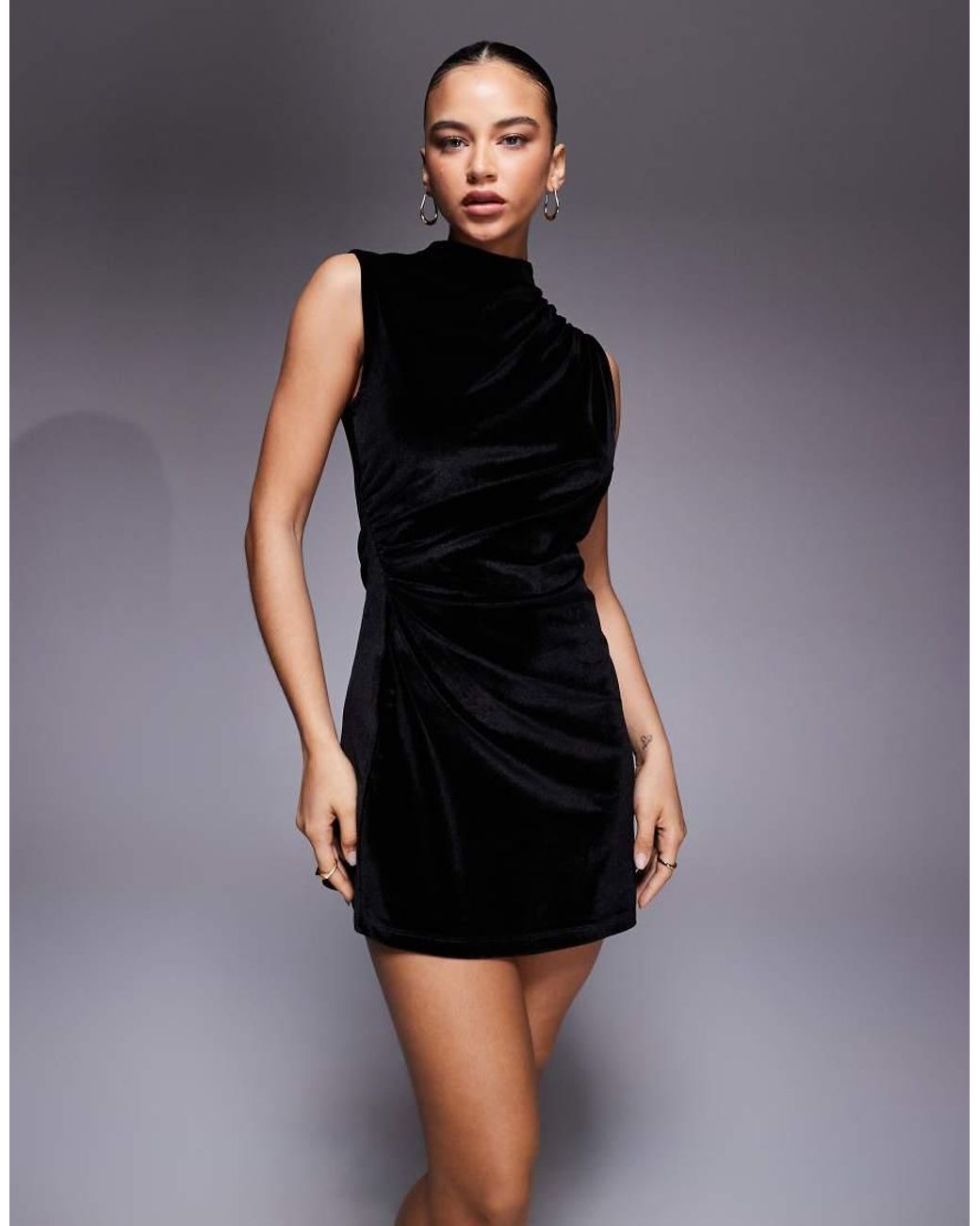 ASOS Black Velvet Sleeveless Ruched Side Mini Dress With Grown On Neck