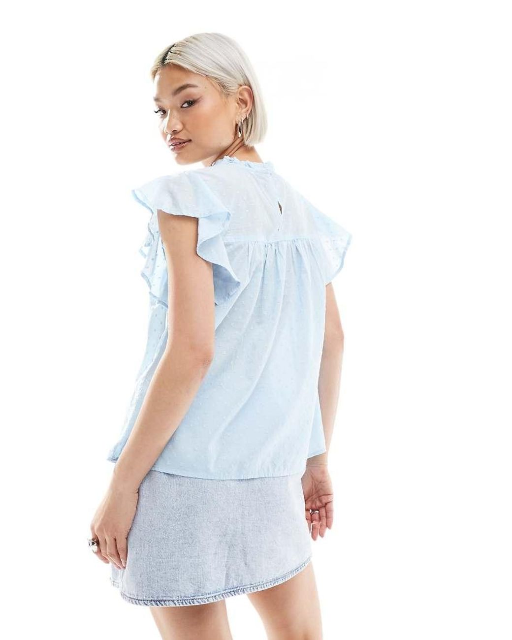Vero Moda Blue High Neck Flutter Sleeved Embroidered Top