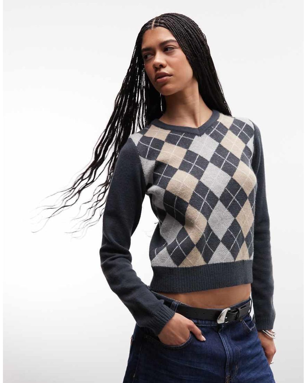 Daisy Street Blue V Neck Thin Knit Argyle Top