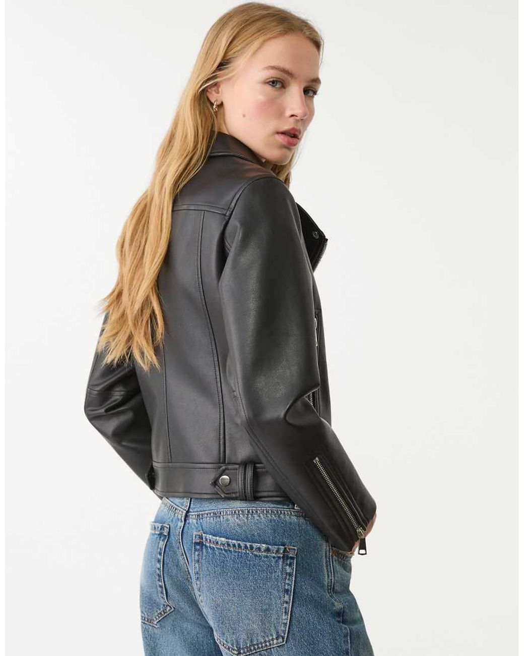 Stradivarius Gray Faux Leather Biker Jacket
