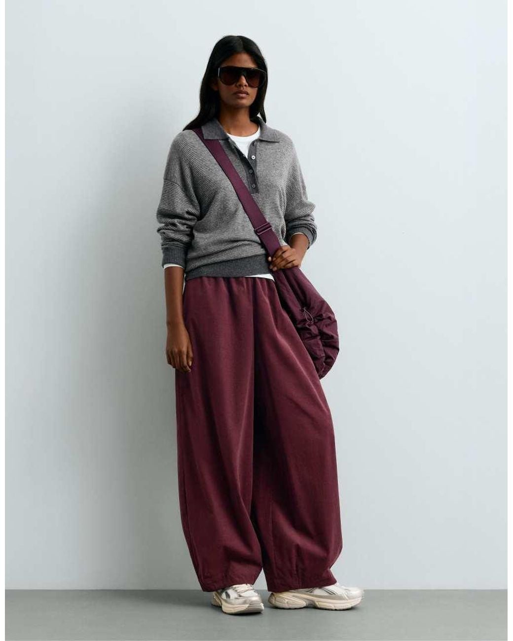 Oysho Gray Striped 100% Wool Polo Knit