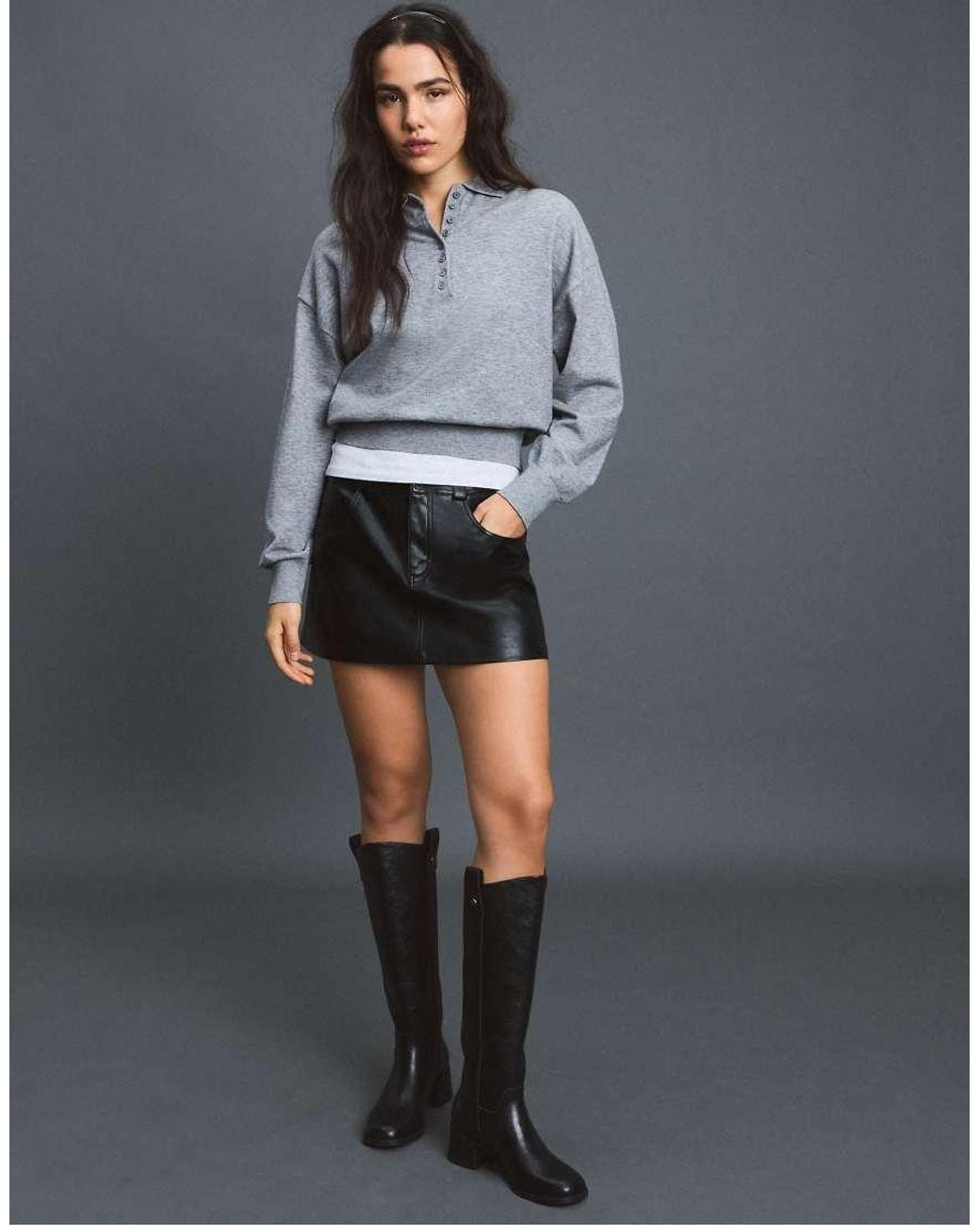 Stradivarius Gray D62 Leather Effect Skort