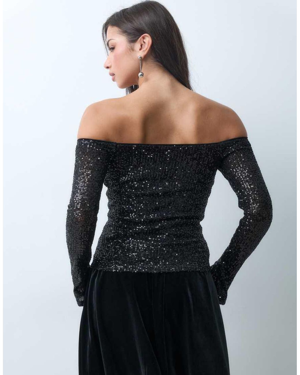 ASOS Black Allover Sequin Long Sleeve Plunge Bardot Top
