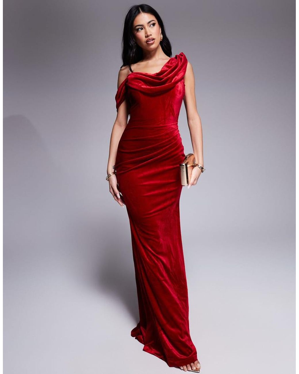 Goddiva Red Cowl One Shoulder Velvet Maxi Dress