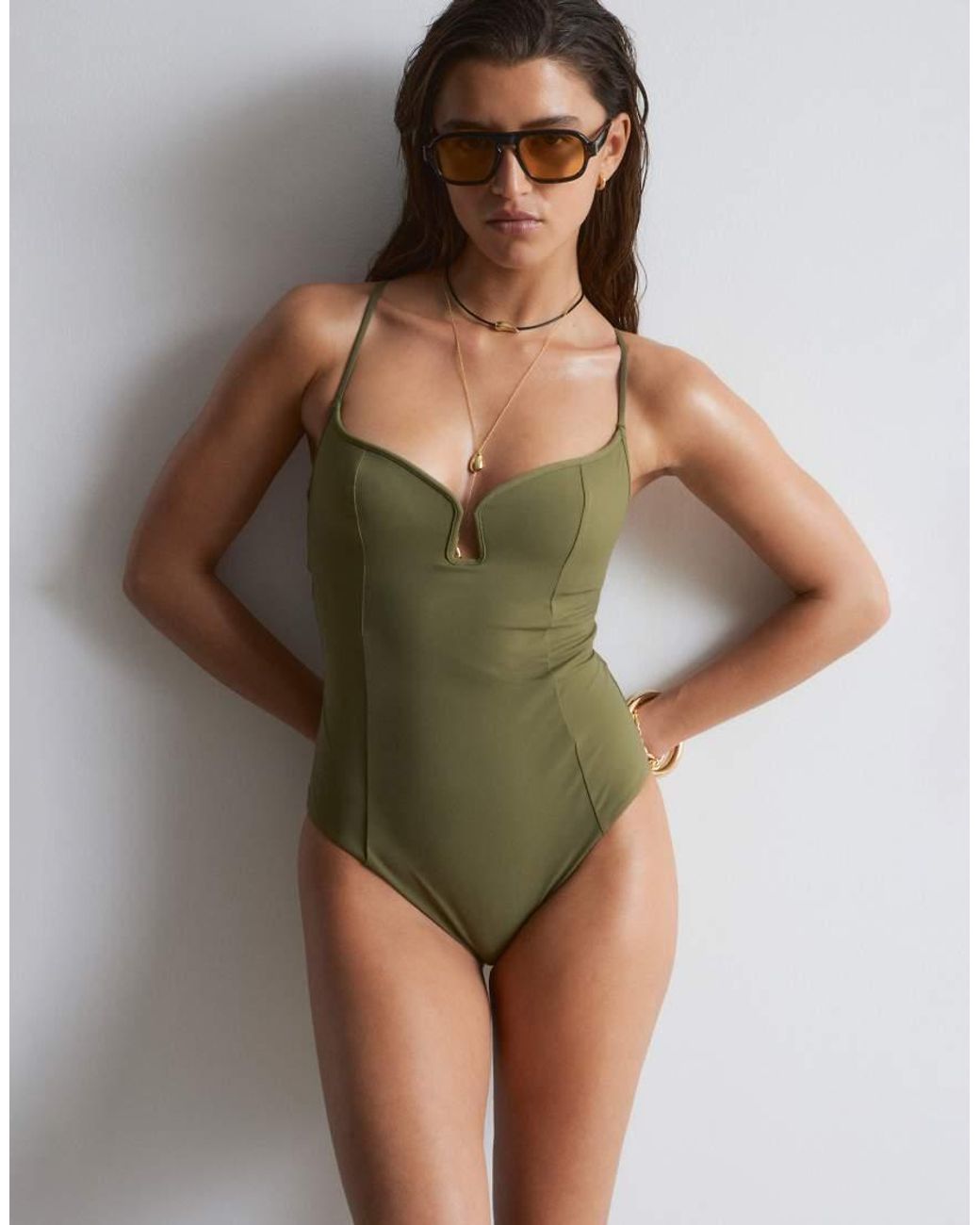 & Other Stories Green Ribbed U-front Swimsuit