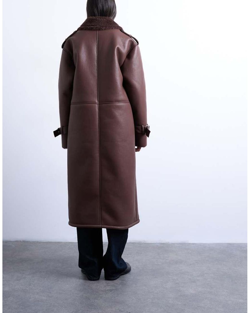 TOPSHOP Brown Longline Funnel Oversized Aviator Borg Coat