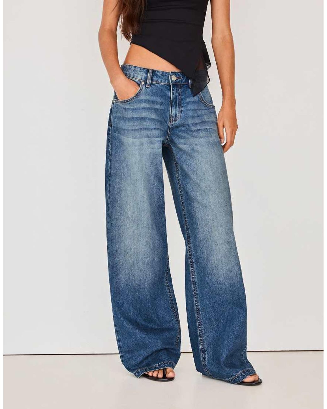 Bershka Blue Embroidered Baggy Jeans