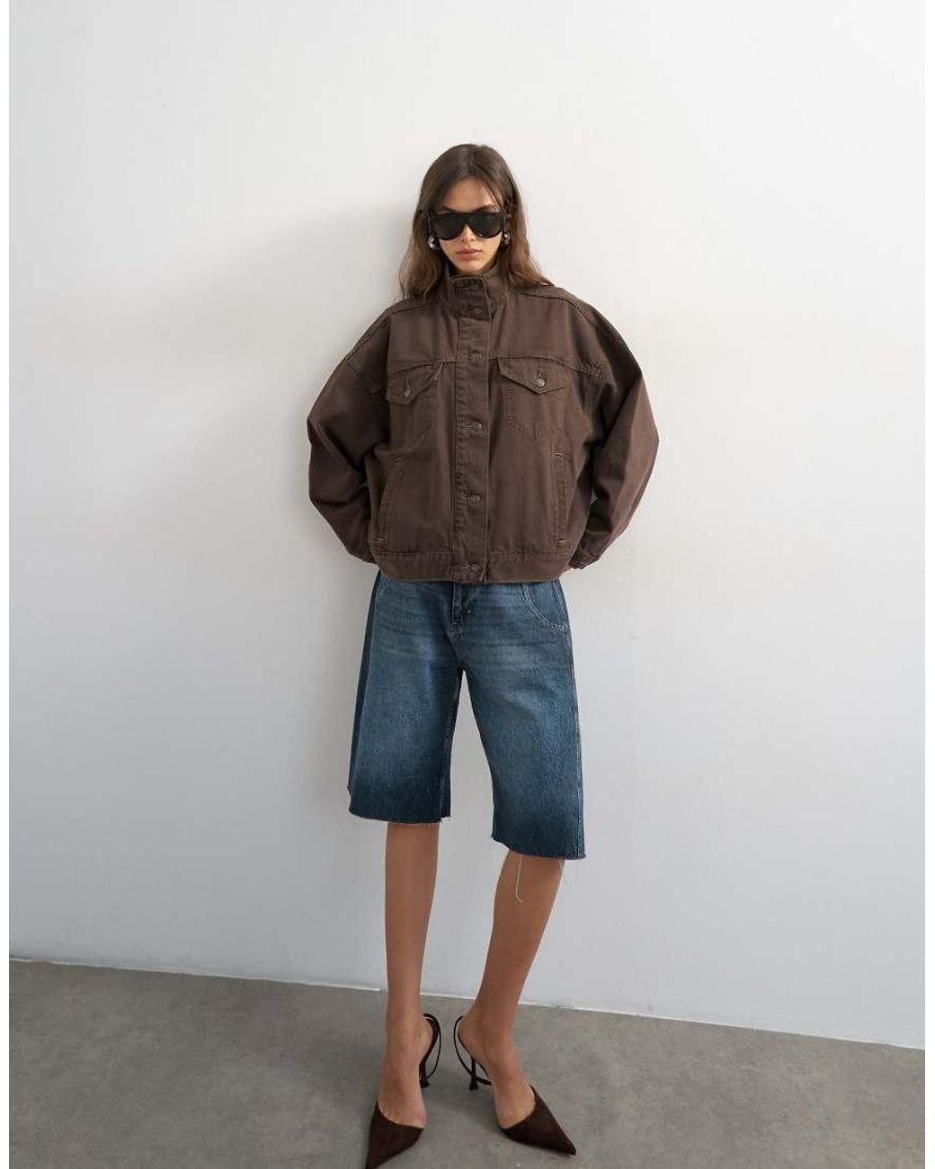 TOPSHOP Brown Denim Funnel Neck Jacket With Waist Detail