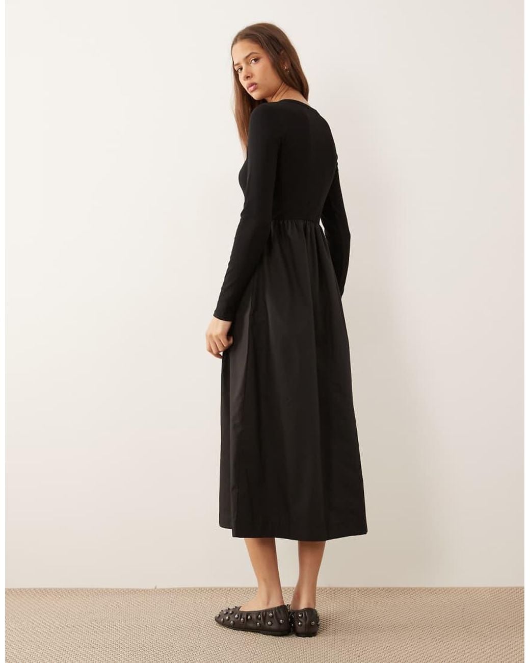 Threadbare Black Jersey Poplin Mix Midi Dress With Button Through Top