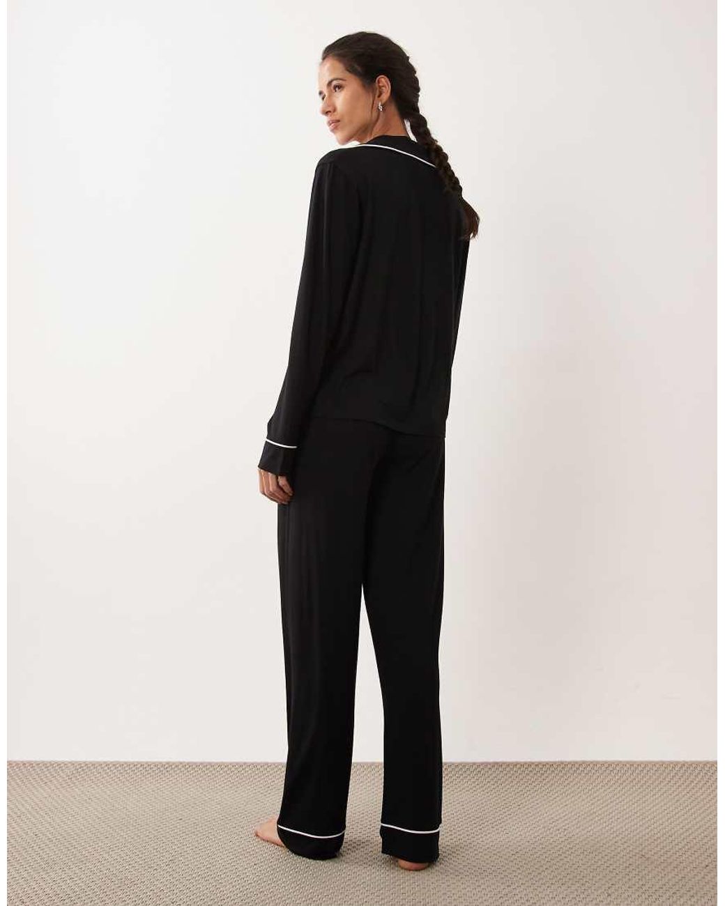 ASOS Black Viscose Super Soft Long Sleeve Shirt & Trouser Pyjama Set