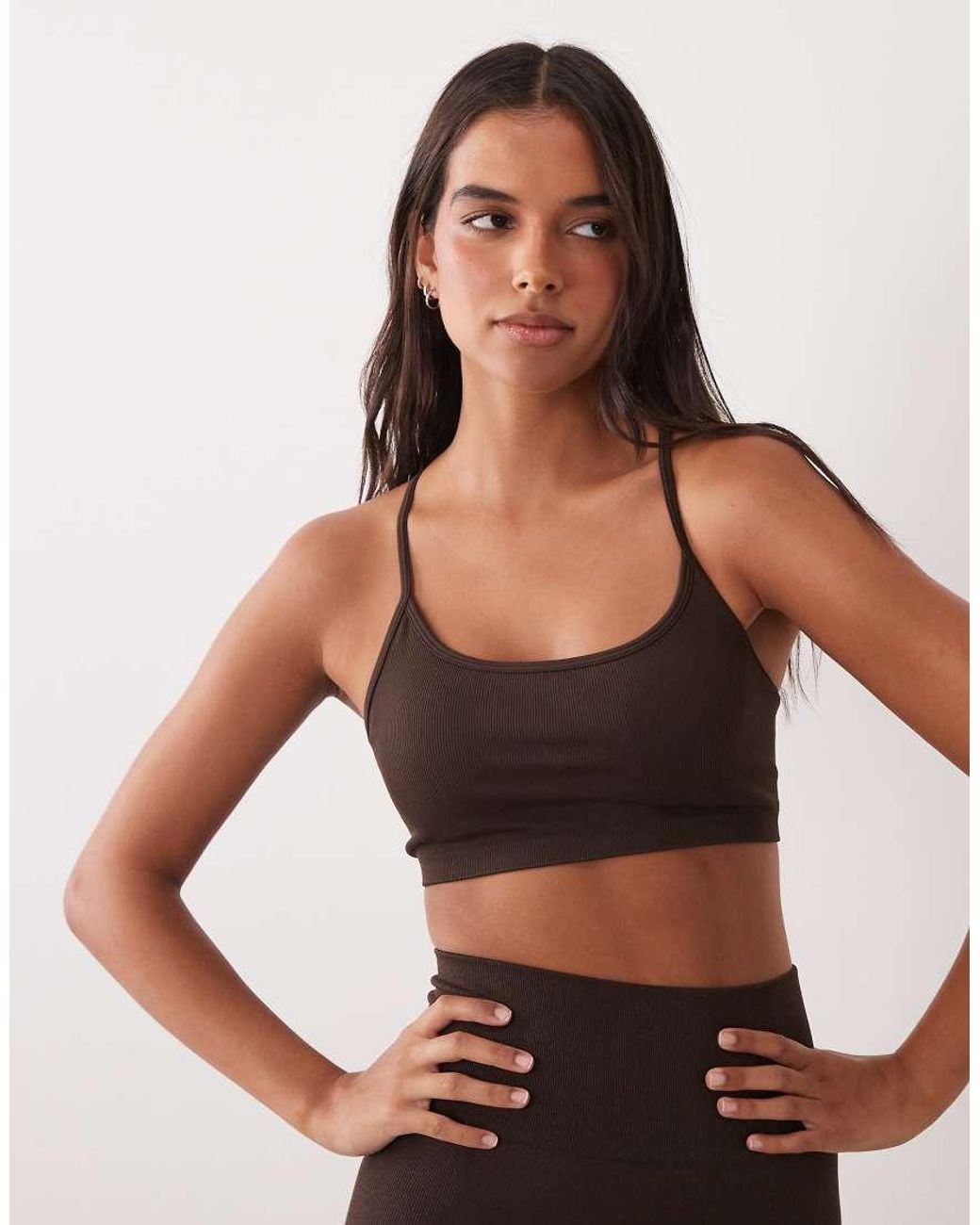 4505 Brown Seamless Baby Rib Medium Support Sports Bra With Removable Padding