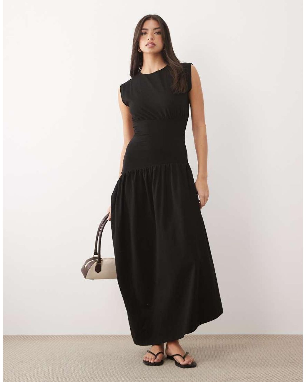 ASOS Black Cap Sleeve Cinched Dropped Waist Midaxi Dress