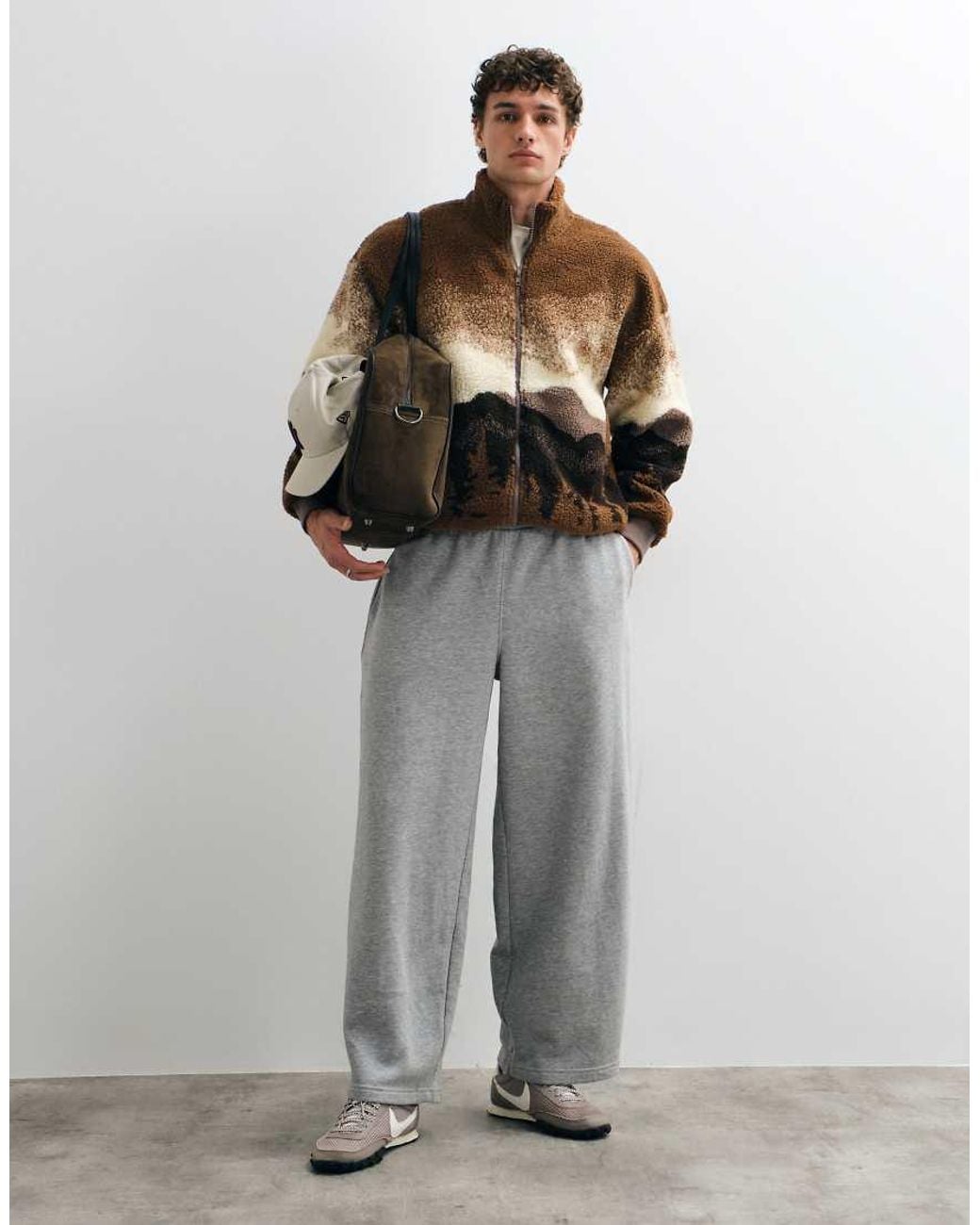 Only & Sons Brown Oversized Bomber Fleece With Scenic Print for men