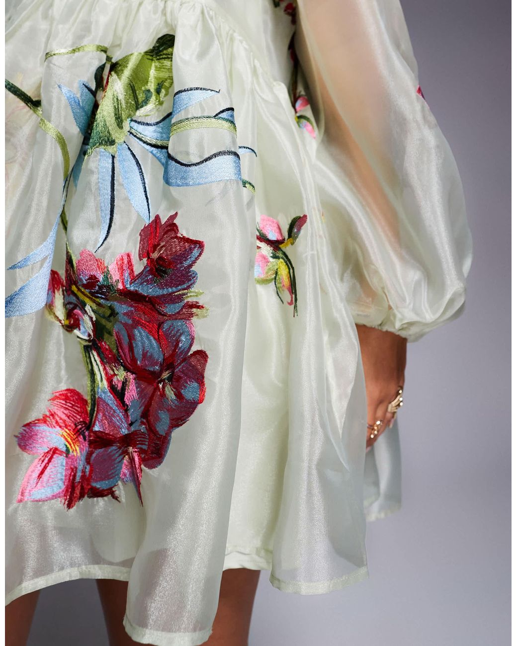 floral embroidered smock dress ASOS LUXE Curve oversized organza mini smock dress with floral embroidery in buttermilk
