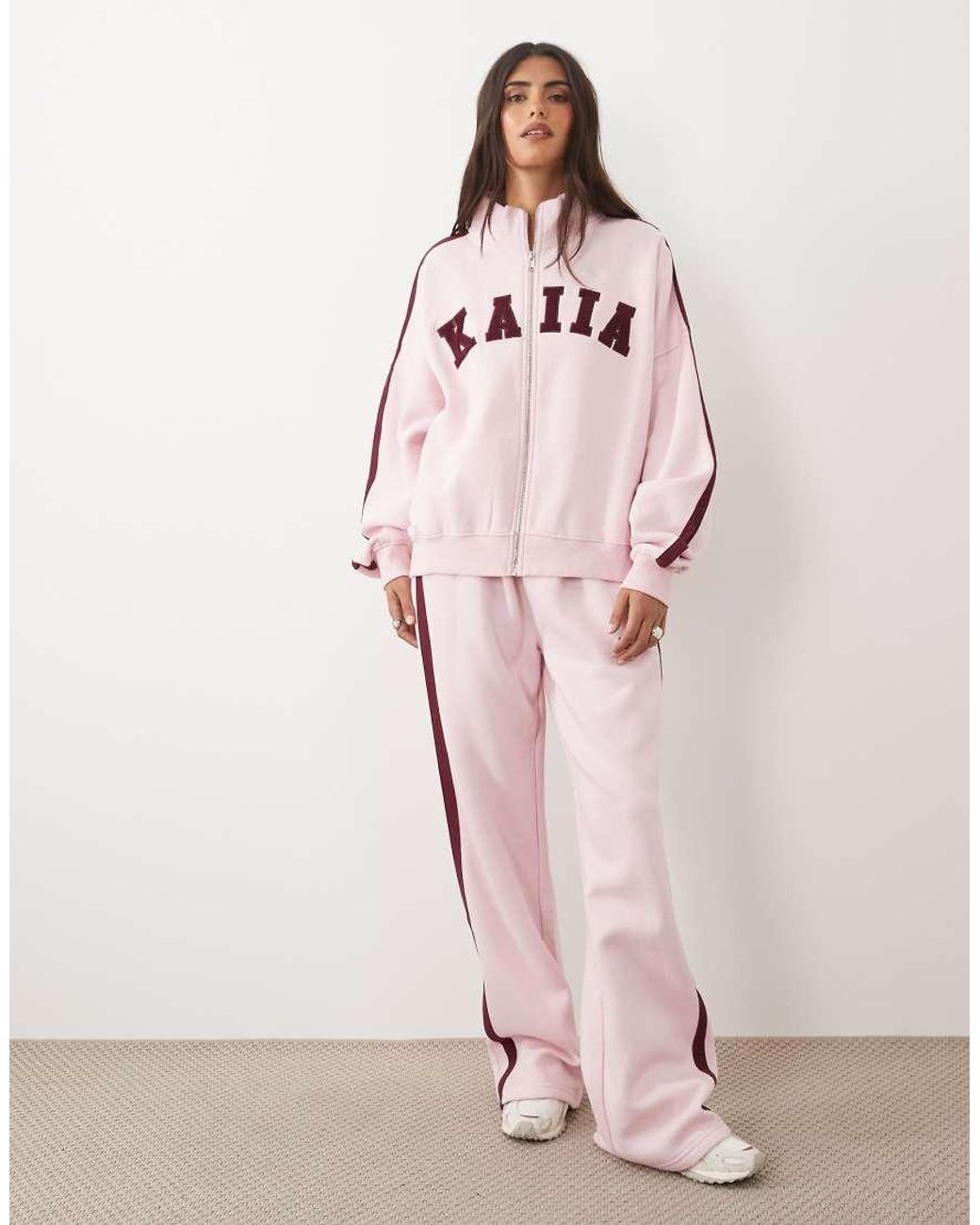 Kaiia Pink Cotton Rich Embroidered Logo Detail Oversized Zip Through High Neck Sweatshirt Co-ord