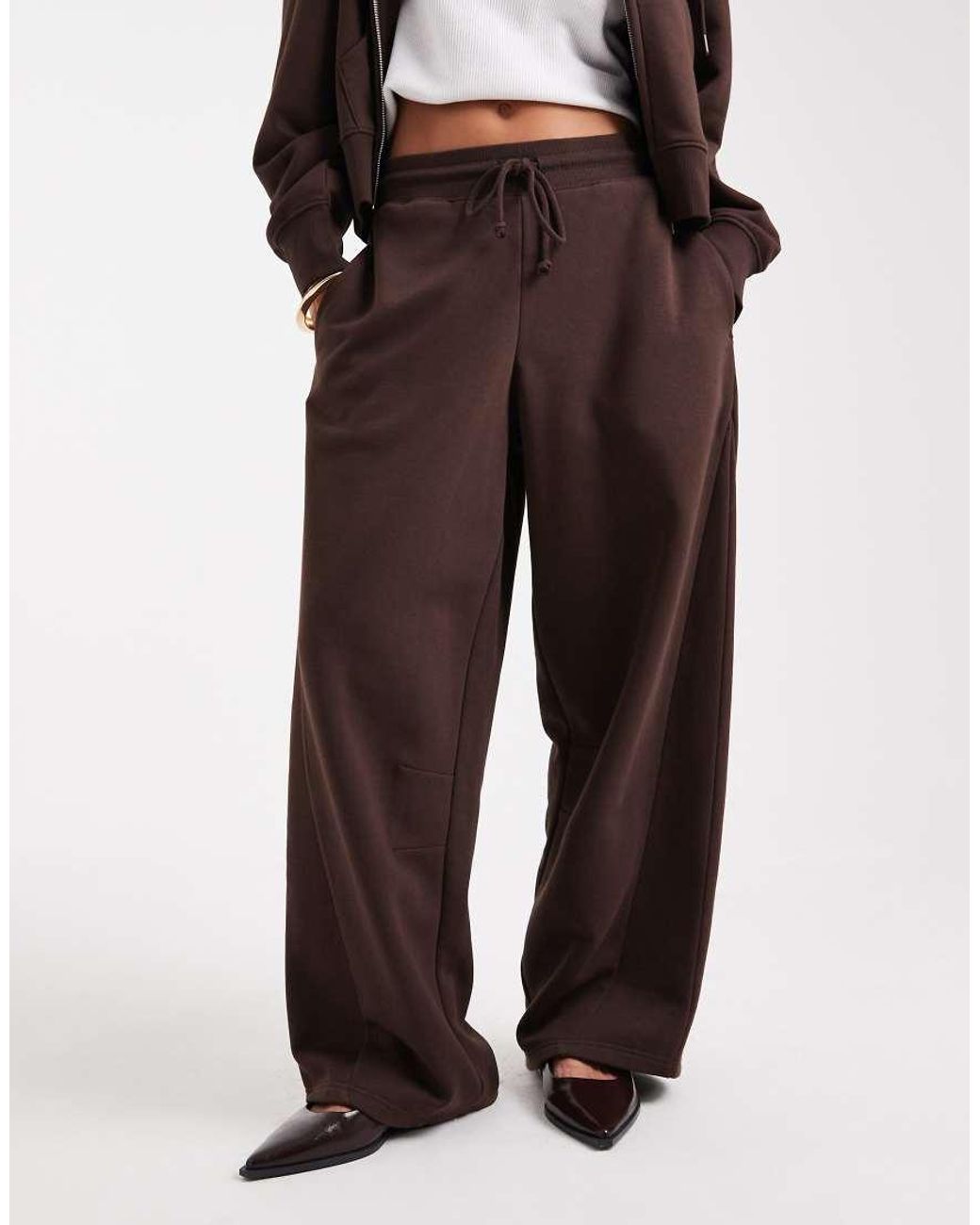 ASOS Brown Oversized Barrel Leg Brushback Sweatpants With Seam Detail