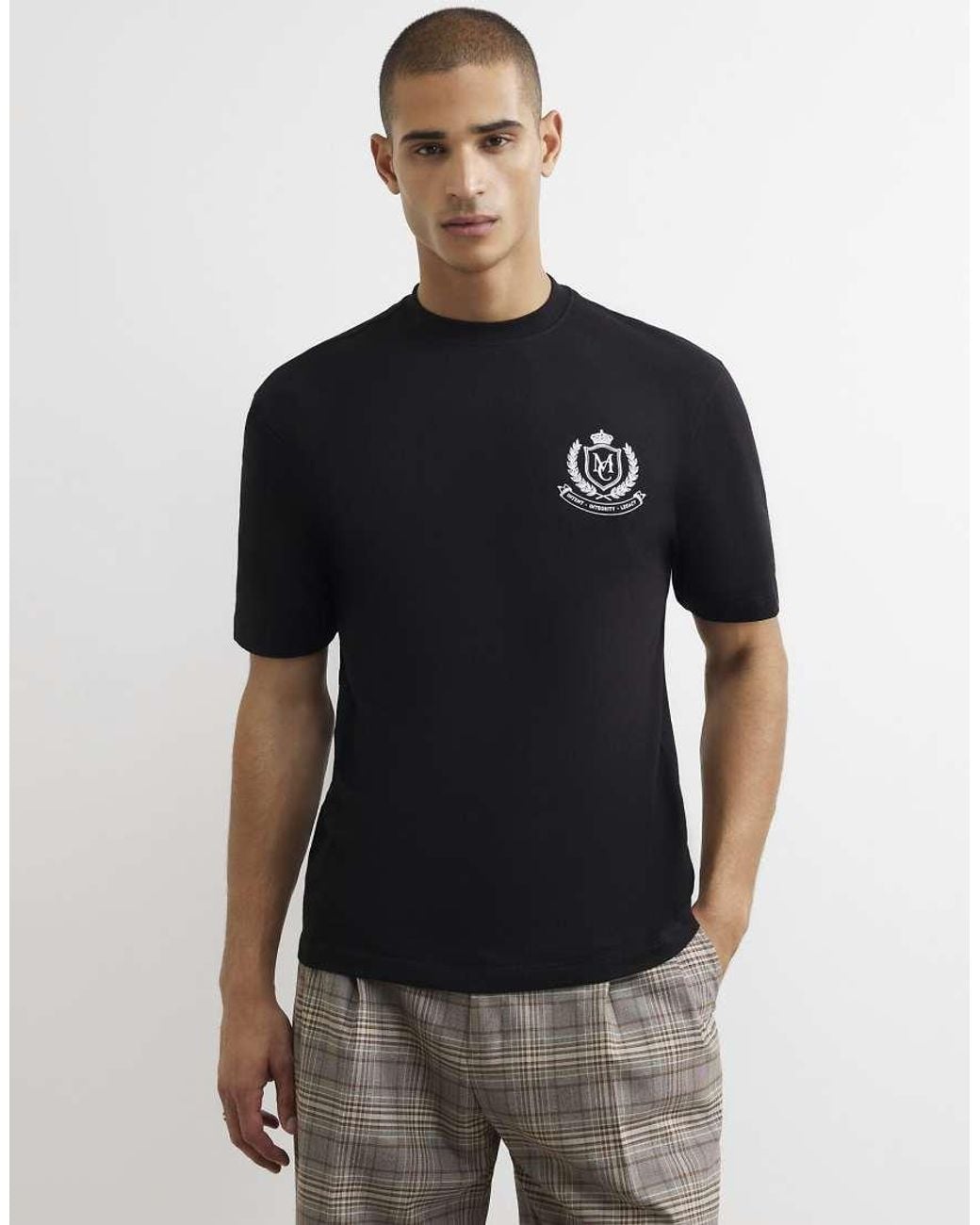 River Island Black Regular Fit Cotton Manor Club T-Shirt for men