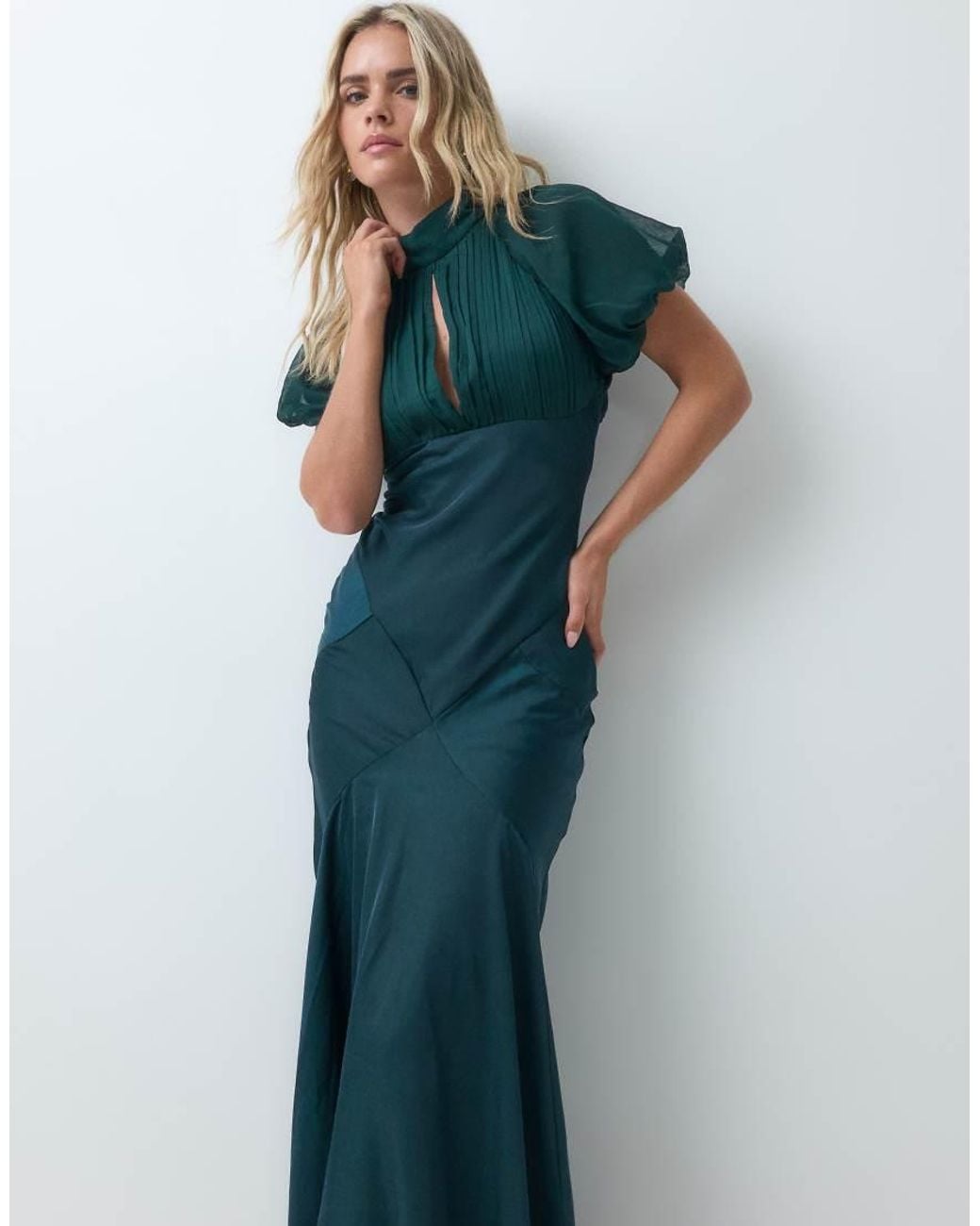 ASOS Green Asos Design Petite Satin Chiffon Mix Maxi Dress With Puff Sleeve