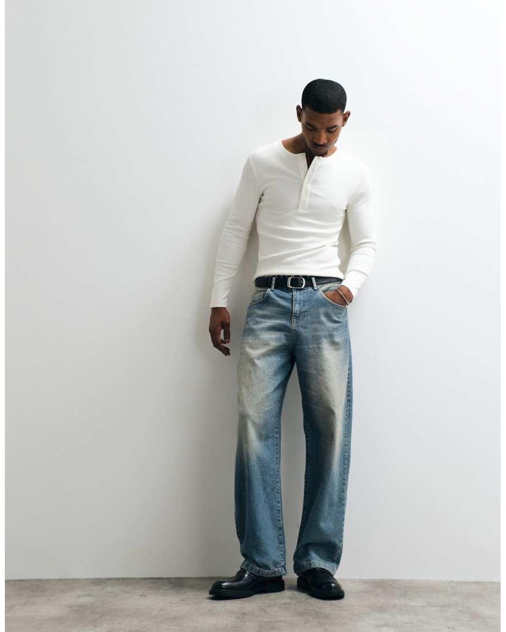 Collusion White Ribbed Muscle Long Sleeve Henley T-Shirt Top for men