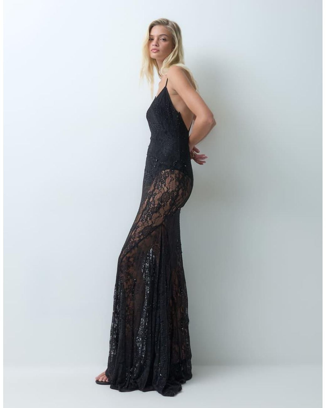 ASOS Blue Lace & Hotfix Plunge Neck Maxi Dress With Dropped Back