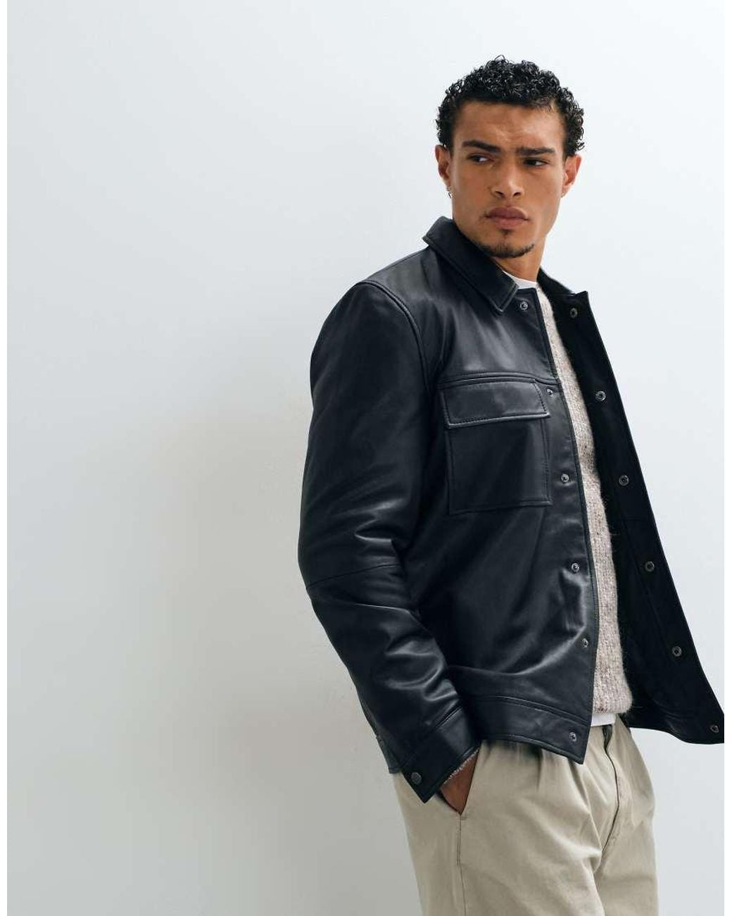 ASOS Black Real Leather Harrington Jacket for men