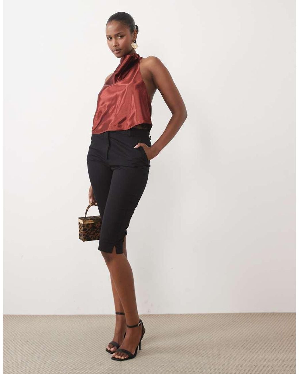 Bardot Red Satin High Cowl Neck Cropped Backless Top