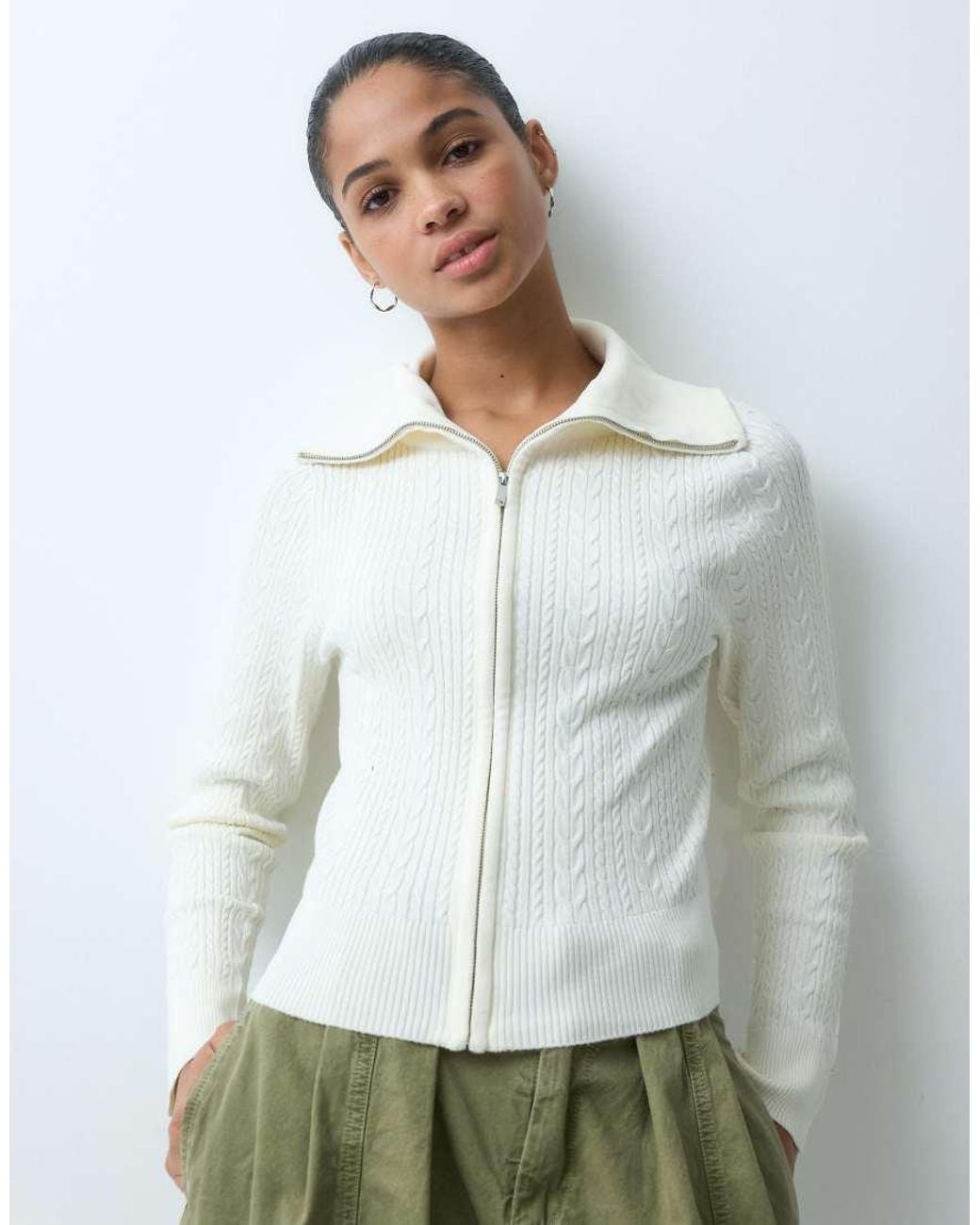 Miss Selfridge Gray Cable Knit Zip Through Long Sleeve Top