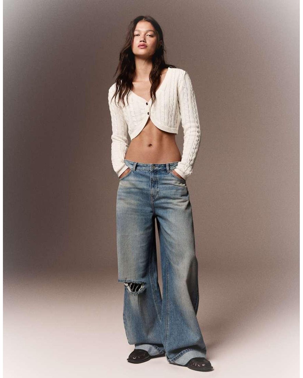 Bershka White Cable Knit Crop Jacket
