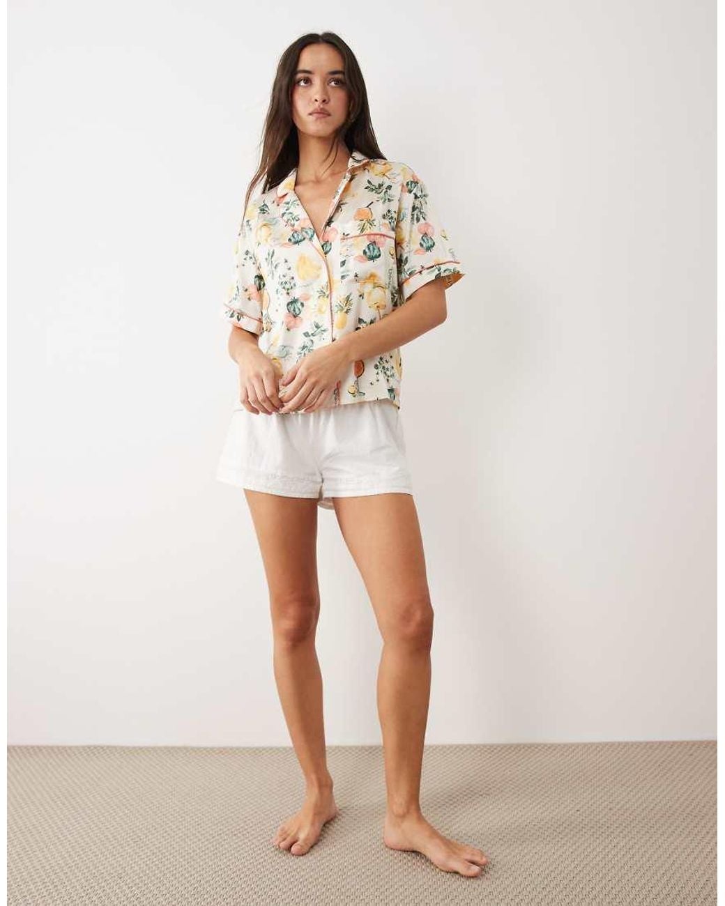 Abercrombie & Fitch Brown Satin Short Sleeve Pyjama Shirt Co-Ord