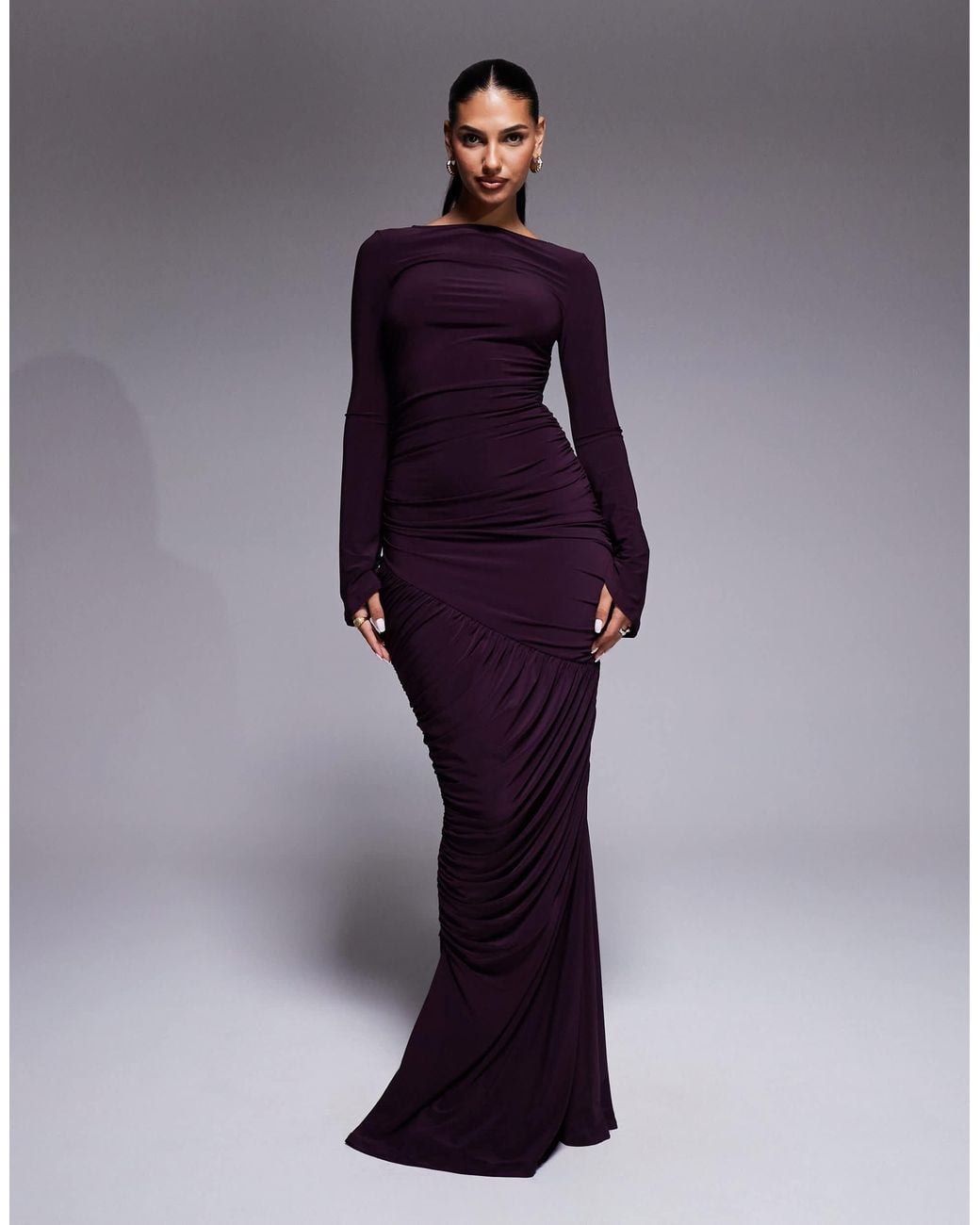 ASOS Sculpting Gauged Panelled Maxi Dress With Long Sleeves in Purple | Lyst