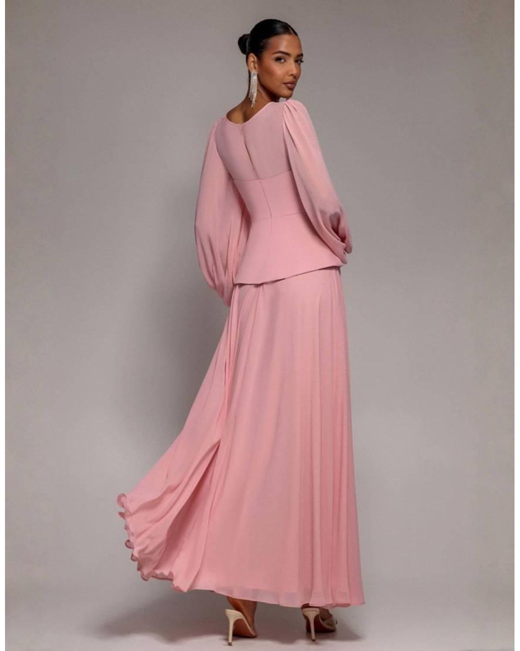 Goddiva Pink Bishop Sleeve Peplum Top Sculpting Stretch Jersey Crepe And Chiffon Maxi Dress