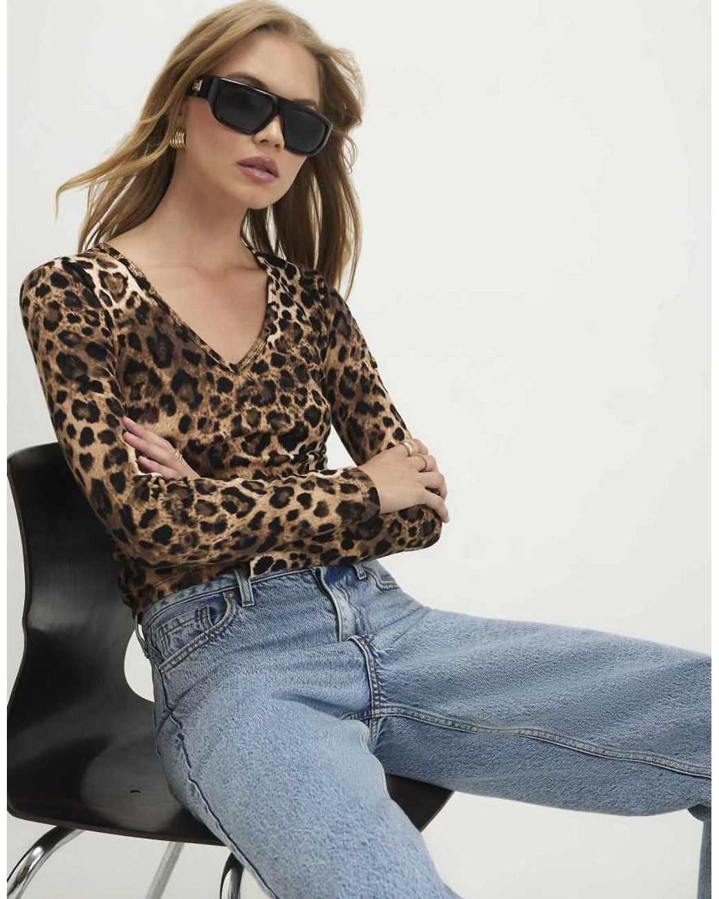 River Island Blue Cotton Blend Leopard Print V Neck Top
